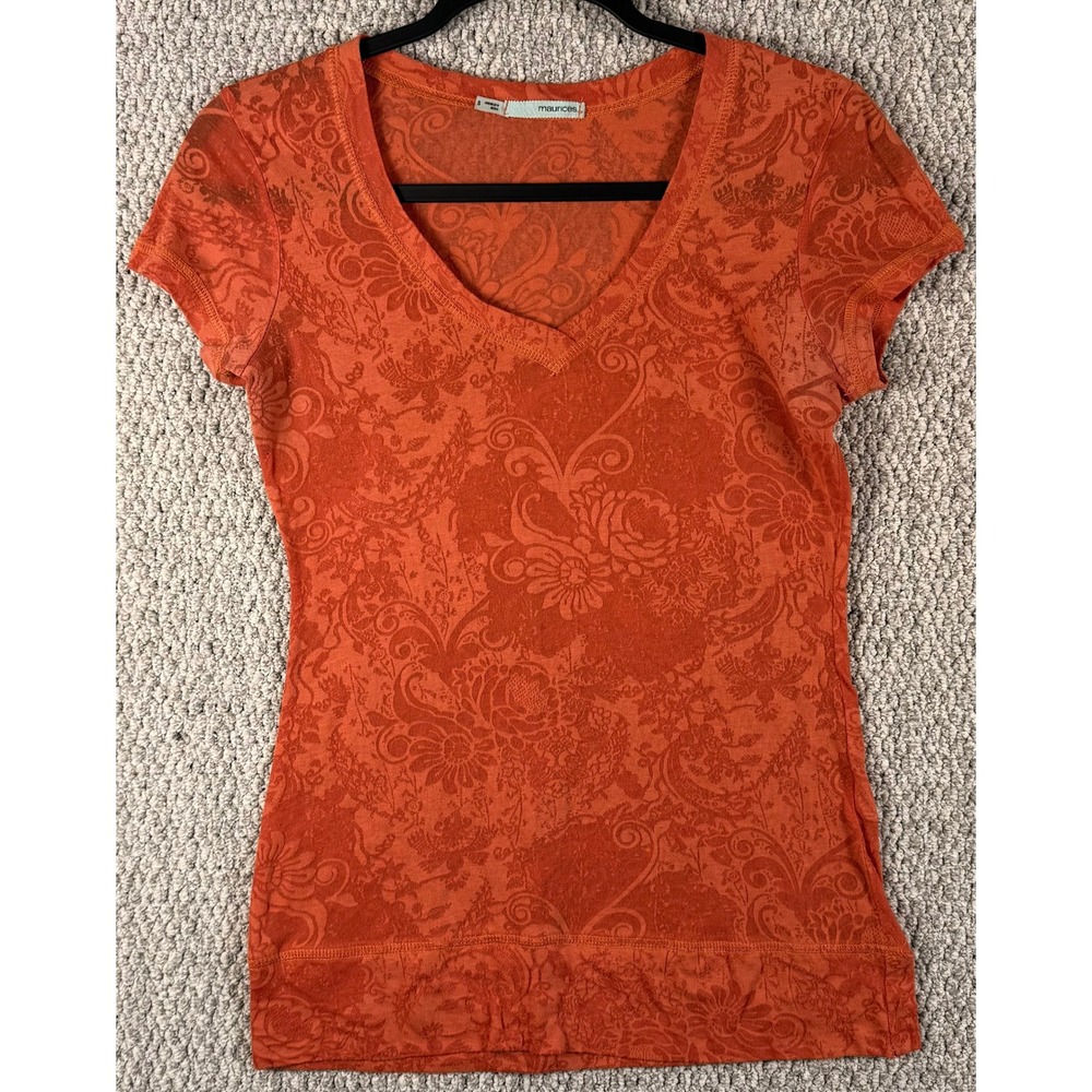 Maurices Burnout Floral Paisley V Neck Baby Tee Small Orange Vintage Y2K Top